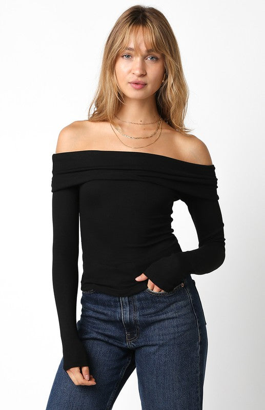 Something Simple Off The Shoulder Long Sleeve Top- Black