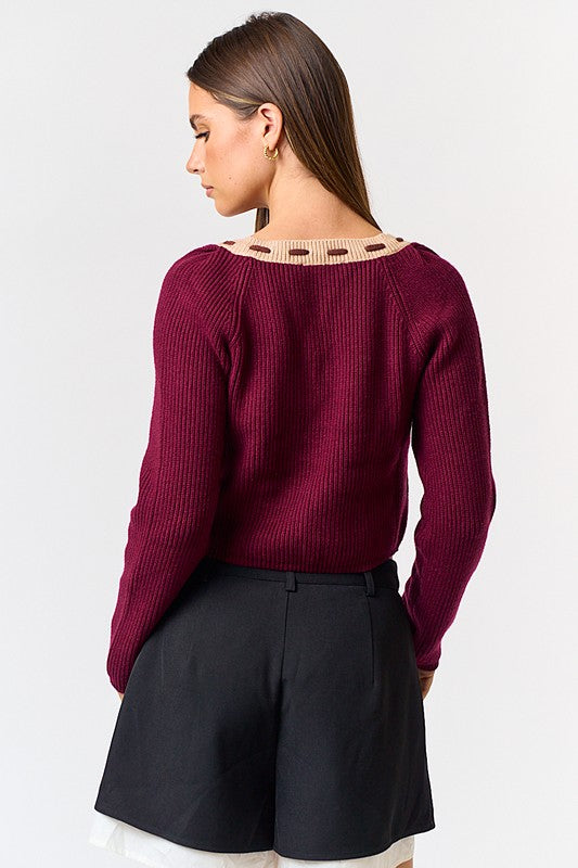 Bow Sweater Crop Top-Burgundy