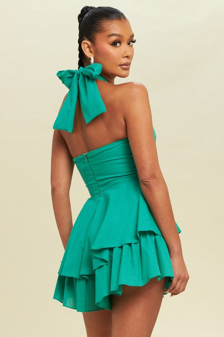 Isla Linen Halter Romper- Green
