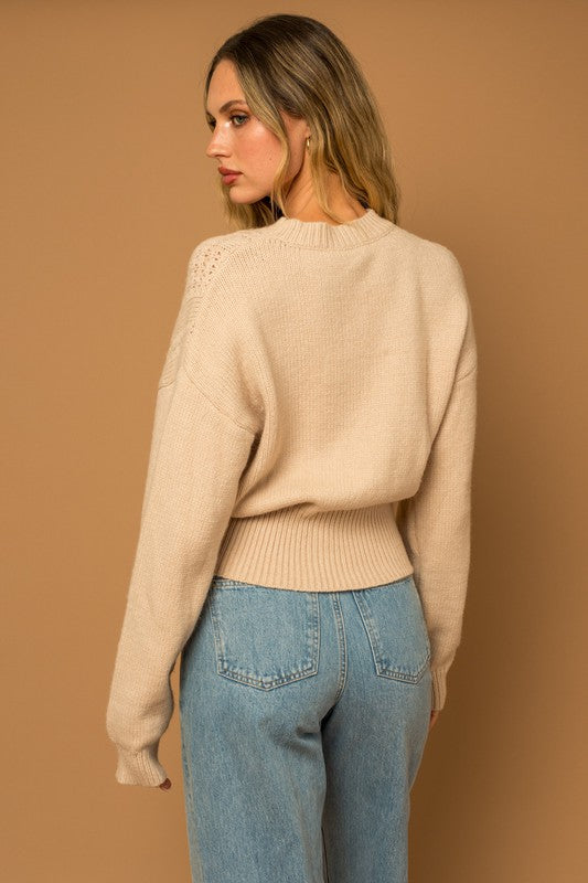 Cutesy Cable Knit Blouson Sweater-Oatmeal
