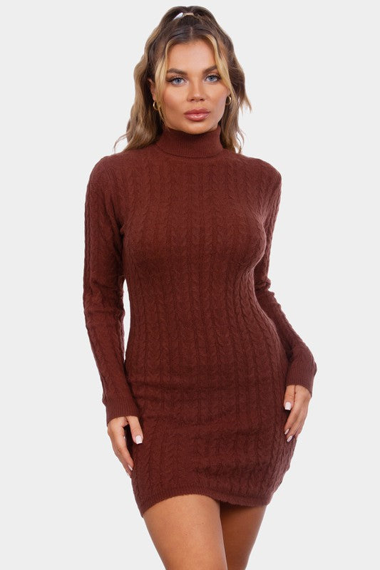 Cable Knit Long Sleeve Sweater Bodycon Dress- Brown
