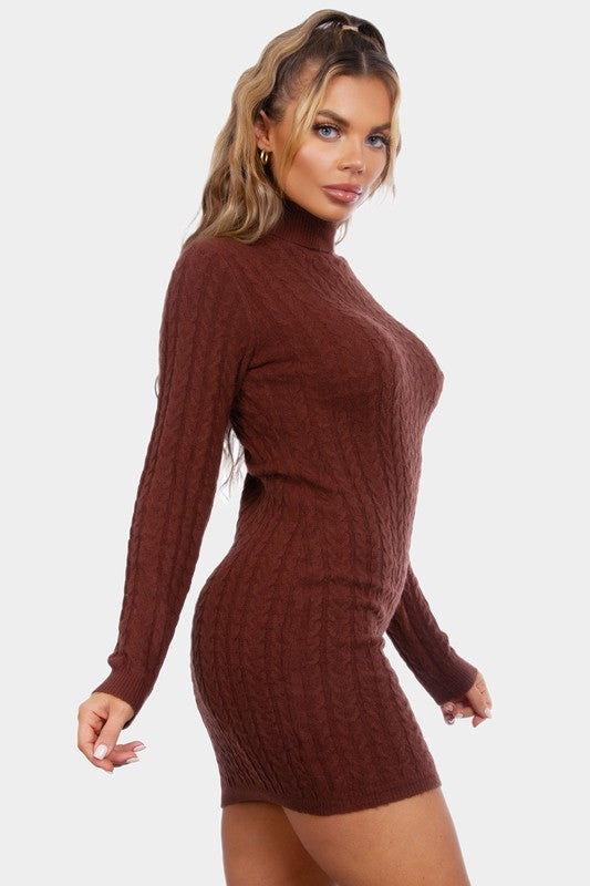 Cable Knit Long Sleeve Sweater Bodycon Dress- Brown