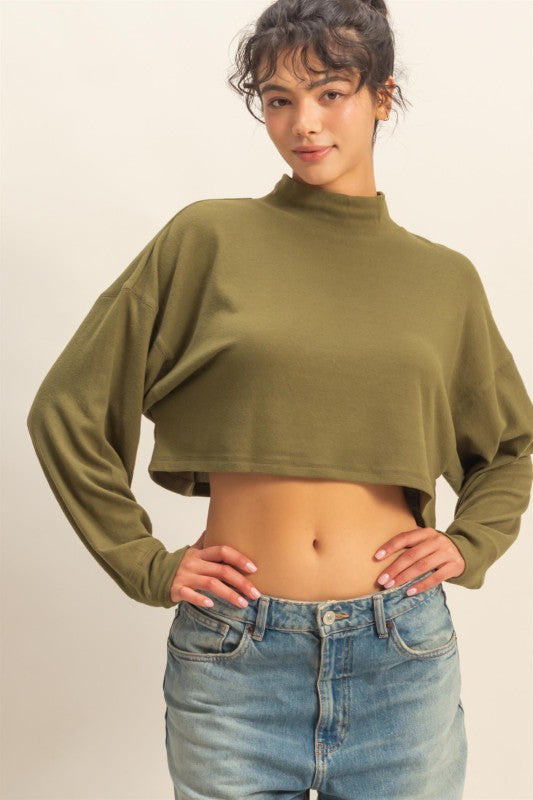 Kayla Cropped Mock Neck Knit Sweater- Olive Green