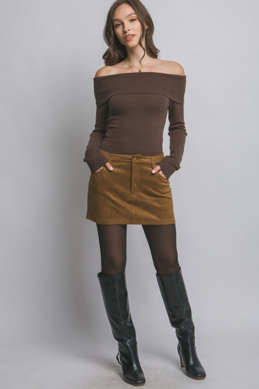 Low Waist Suede Skirt- Camel