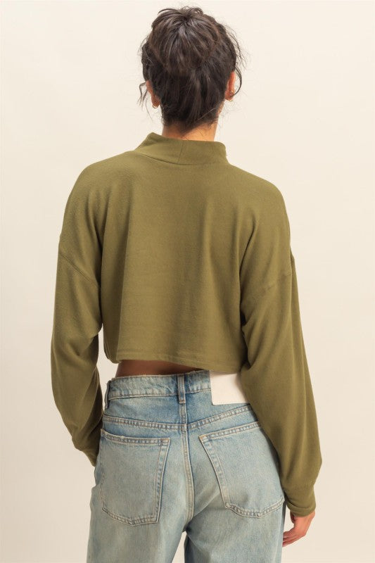 Kayla Cropped Mock Neck Knit Sweater- Olive Green