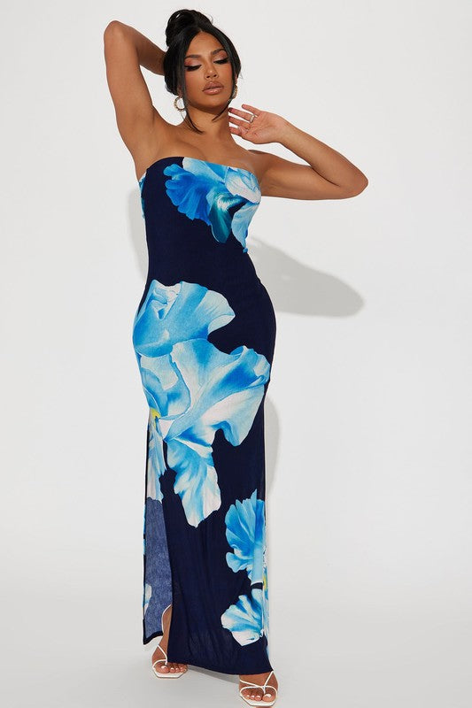 Born To Bloom Tube Maxi Dress (Navy Blue Multi)